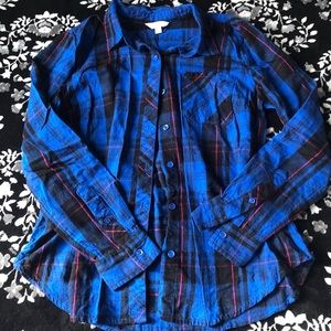 blue and pink flannel button up